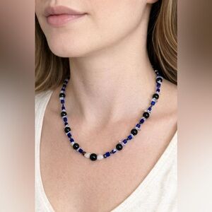 Elegant deep Blue, light blue Beaded Necklace with a silver tone toggle clasp